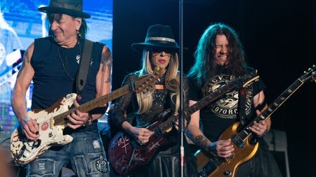 Musicians Richie Sambora of Bon Jovi, Orianthi and Phil X of Bon Jovi perform onstage with Kings of Chaos during the Rock for Responders Benefit Concert at Battleship USS Iowa Museum on February 27, 2025 in San Pedro, California