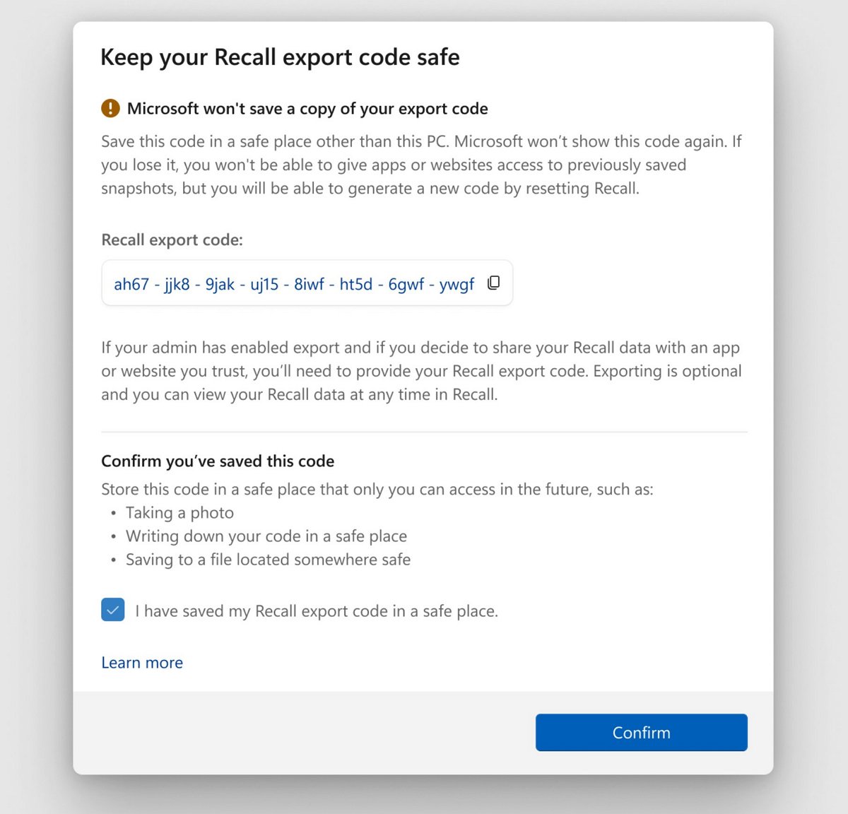 Windows Recall export code