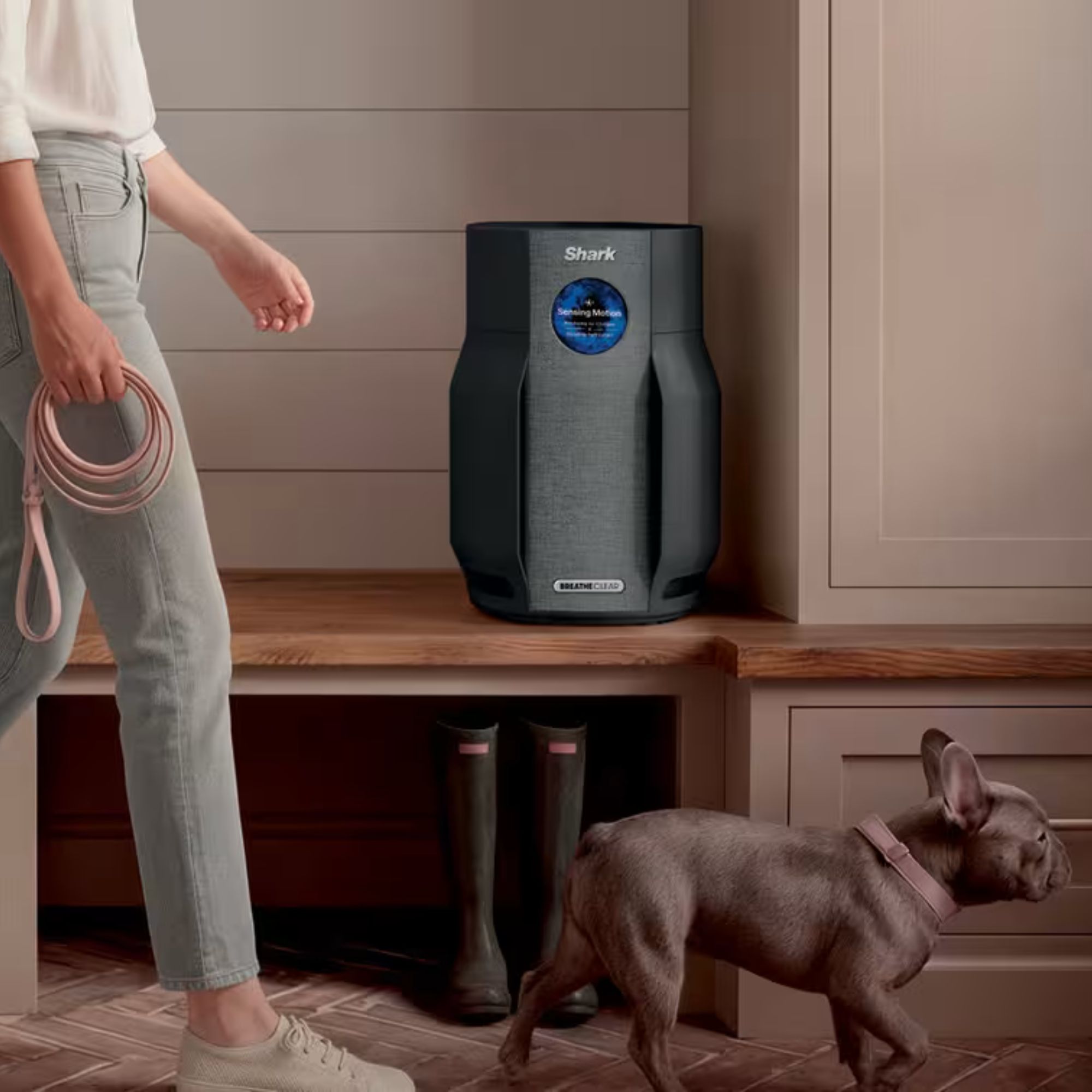 Charcoal coloured Shark BreatheClear with NeverChange6 air purifier sitting on a wooden bench, with a person and a dog walking past it