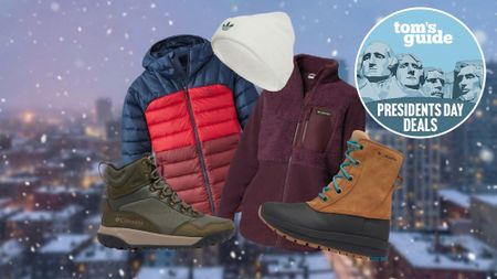 A collage of winter apparel against a snowy city background