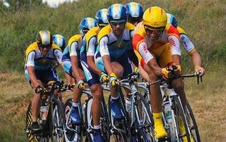 Alberto Contador takes a turn at the front of the Team Astana train.