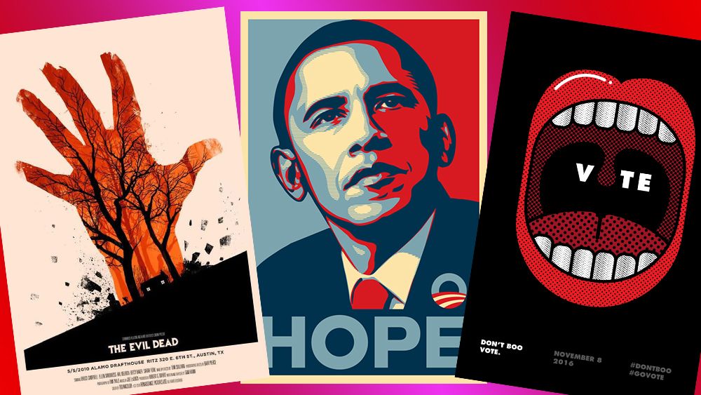 Three of the best poster designs on a red background