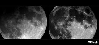 This close-up comparison image of the Snow Moon penumbral lunar eclipse captured by the Slooh Community Observatory on Feb. 10, 2017 shows how much of the moon was darkened during the relatively minor eclipse. The image was taken by a Slooh.com telescope