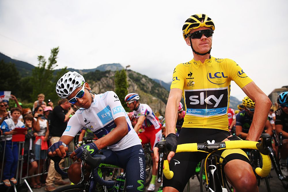 Chris Froome (Team Sky) wears the yellow jersey and Nairo Quintana (Movistar) wears the white jersey