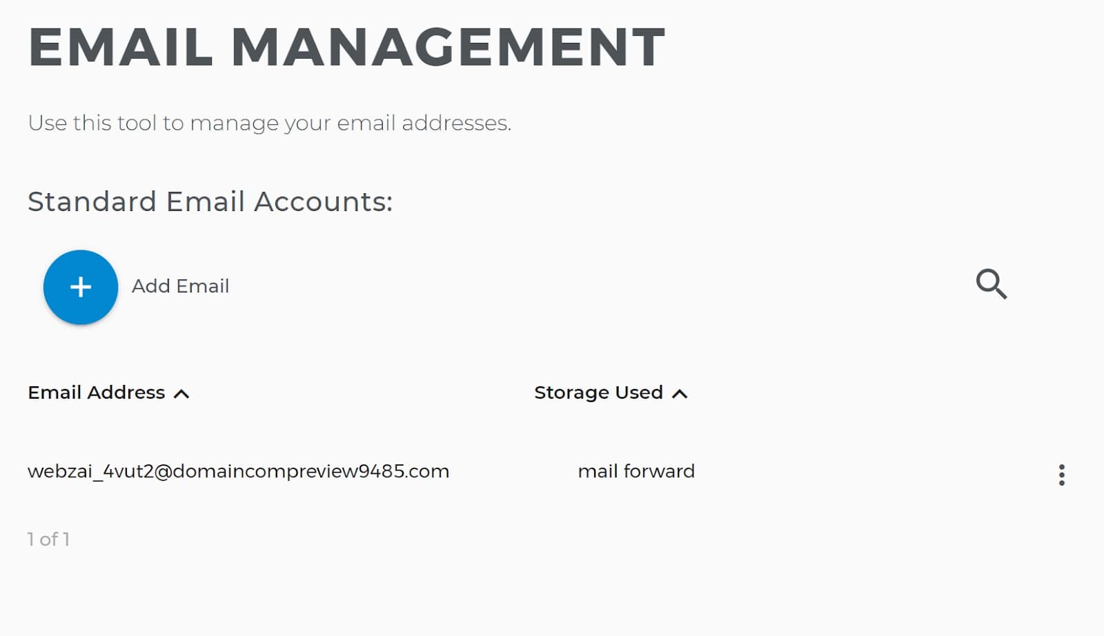Domain.com's email management menu within its user interface
