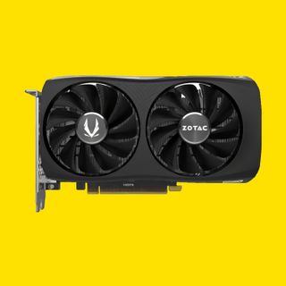 An image of a Zotac GeForce RTX 4060 graphics card against a yellow background