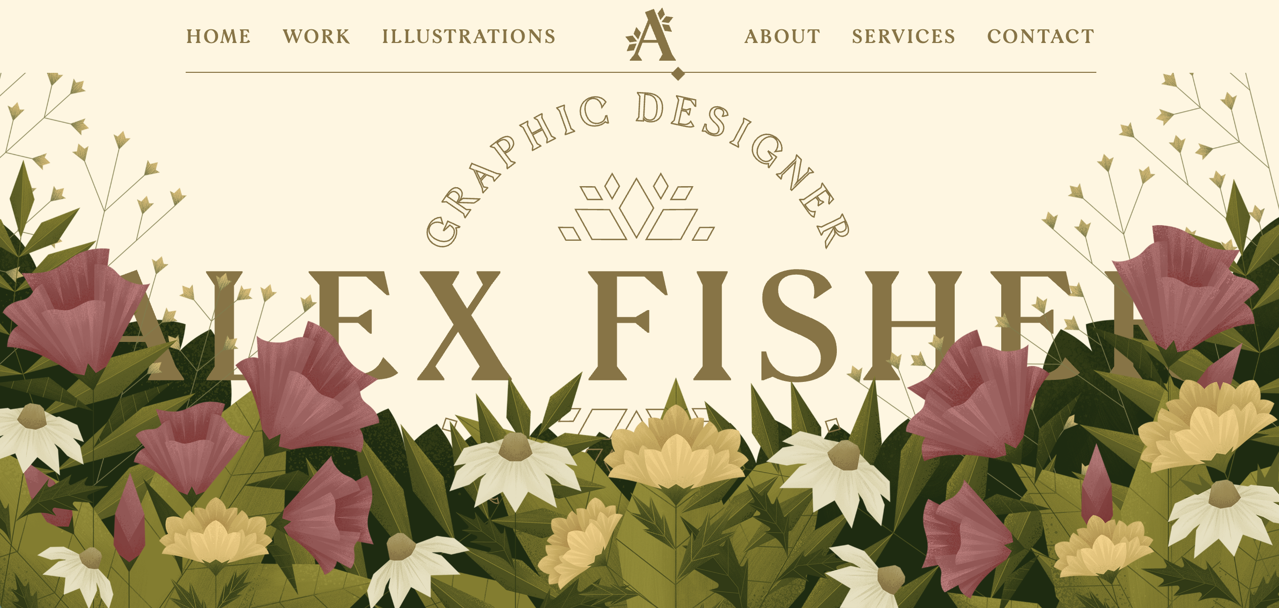 Homepage of Alex Fisher's portfolio, showing her name in large serif type nestled among illustrated wildflowers and leaves in a muted botanical palette.