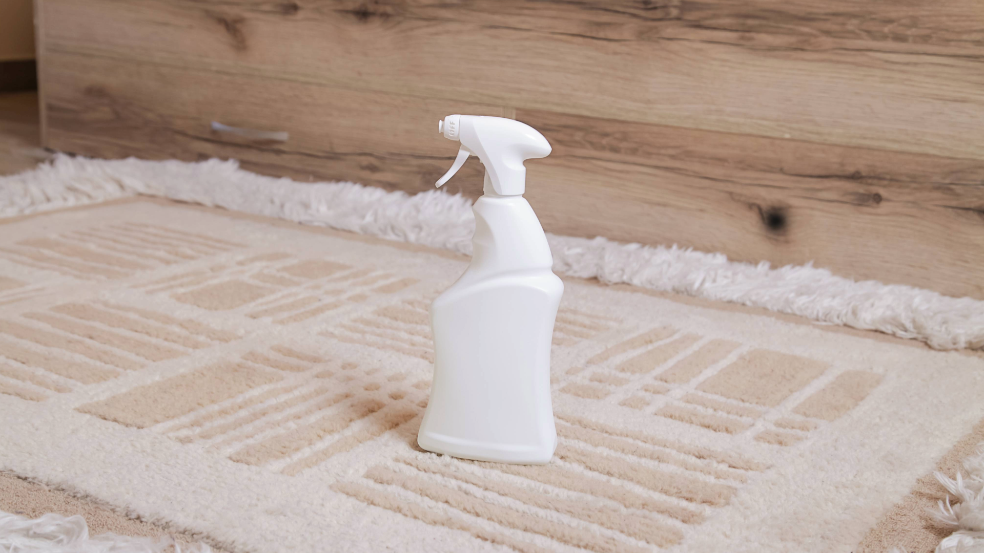 White spray bottle placed on a rug
