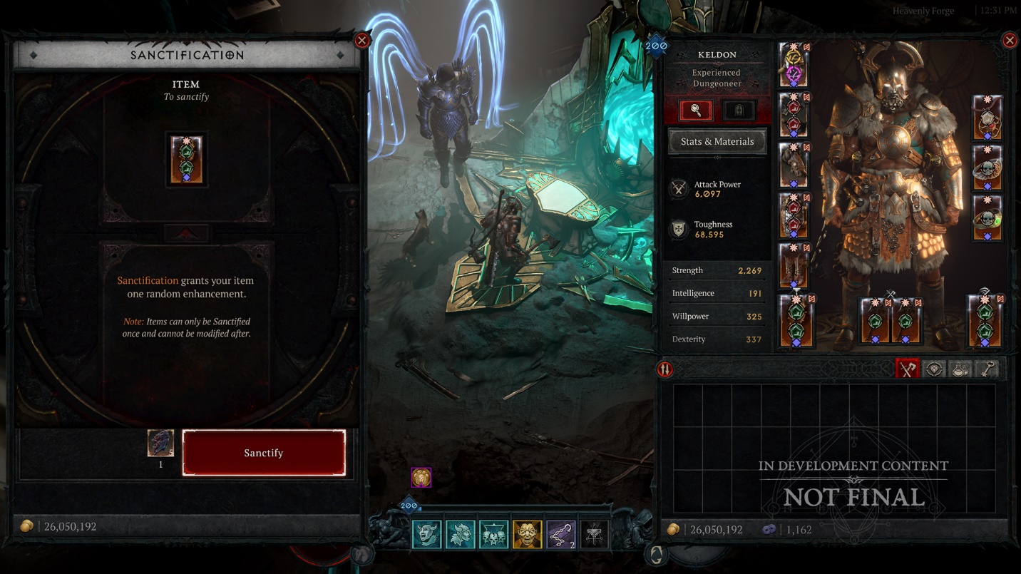 An in-development screenshot of Diablo 4's season 11 PTR. A player stands at a heavenly forge accompanied by a hooded character with blue wings. A window with the title sanctification is on the left and a character screen is on the right.