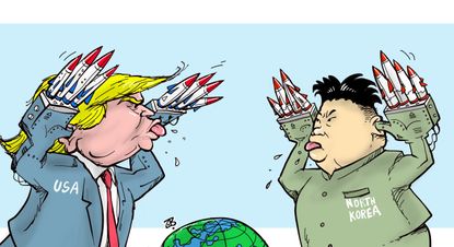 Political cartoon U.S. Trump Kim Jong-un nuclear missiles