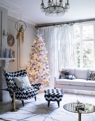 Black and white modern living room decorated for Christmas