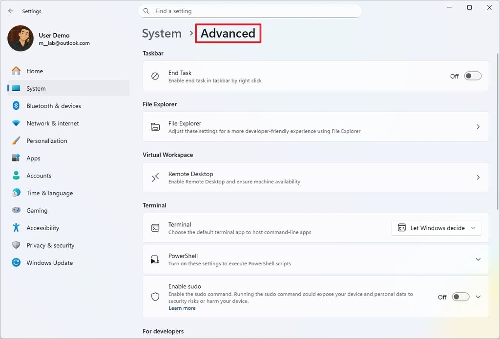 Settings app new Advanced page