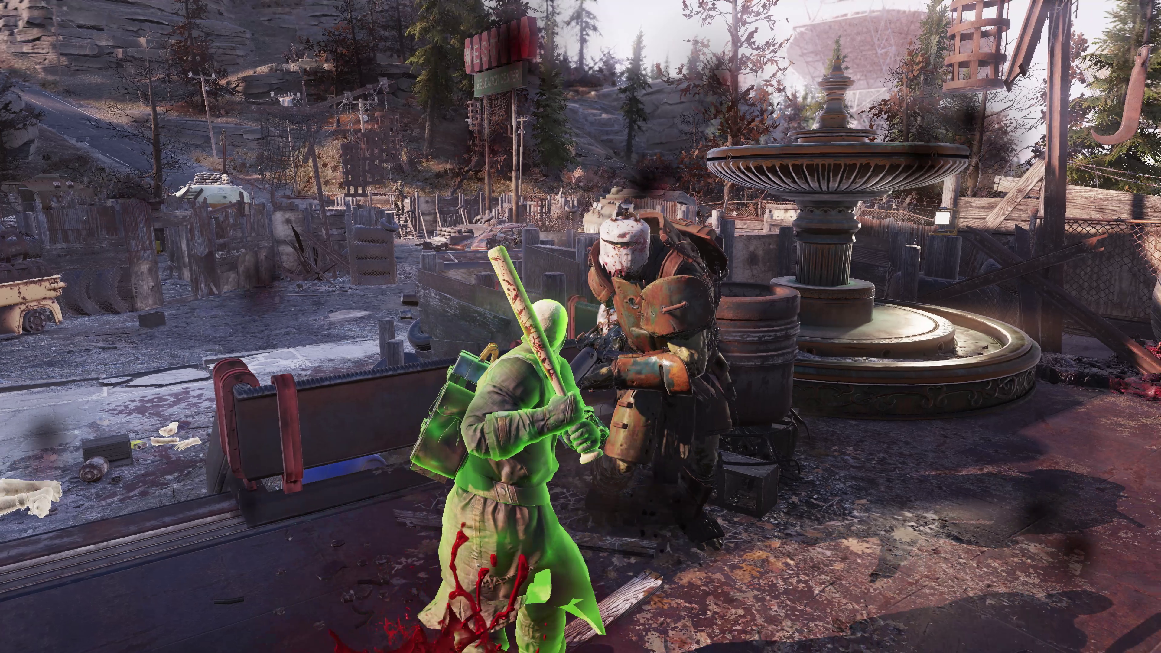 Brillando en verde, nuestro héroe ghoul empuña un bate de béisbol y está listo para matar a un enemigo humanoide en la actualización Fallout 76 Ghoul.