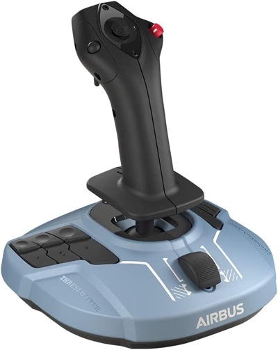 En produktbild p&amp;aring; en Thrustmaster TCA Sidestick Airbus Edition som visas upp mot en vit bakgrund.