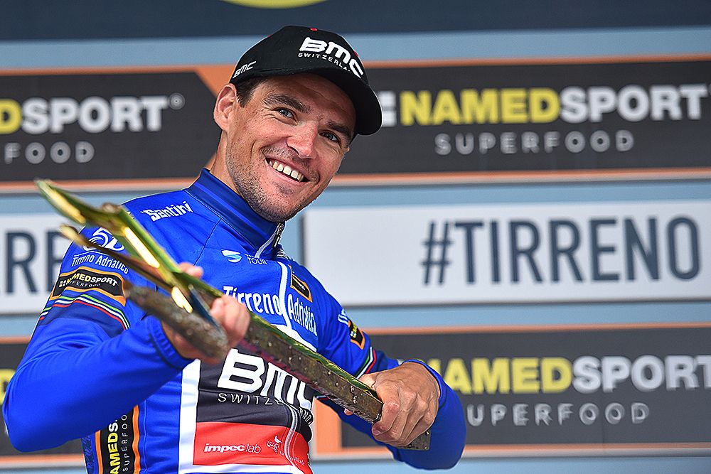 Greg van Avermaet with the Tirreno-Adriatico winner's trident