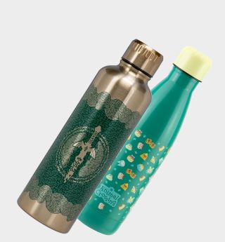 Legend of Zelda and Animal Crossing water bottles against a plain background