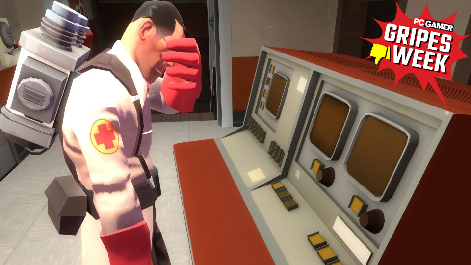 The Medic facepalms at a bank of computer screens.