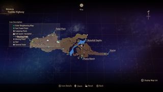 Tales of Arise - a map of Trasilda Highway showing an owl marker east of a bridge spanning a river.