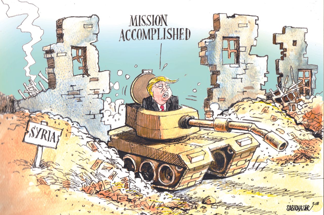 Political cartoon U.S. withdrawal from Syria Trump Tweet mission accomplished