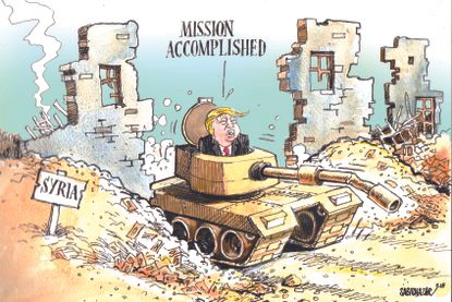 Political cartoon U.S. withdrawal from Syria Trump Tweet mission accomplished