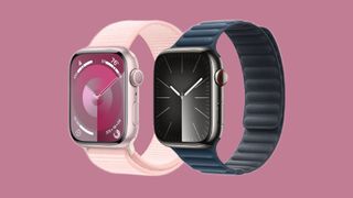 Apple Watch Series 9 in aluminum and stainless steel, blue and pink strap colorways against a dusty rose background