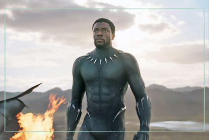 a medium shot of Chadwick Boseman as the Black Panther in the Marvel film