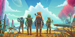 Four explorers on a planet in No Man's Sky.