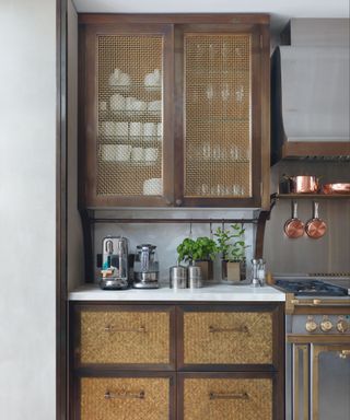 Close up of wooden kitchen cabinetry with brass mesh panels door, marble countertop