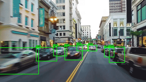 An animation of the Sheba Sharp7 autofocus automotive camera in action: a vehicle is driving down a busy city street, with the AF system detecting and placing green tracking boxes around other vehicles