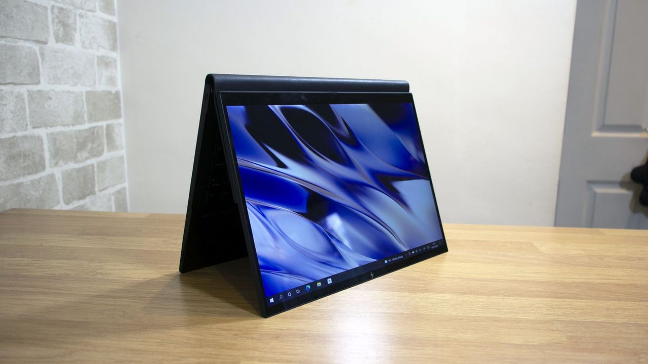 A photograph of the HP Elite Folio in tent mode
