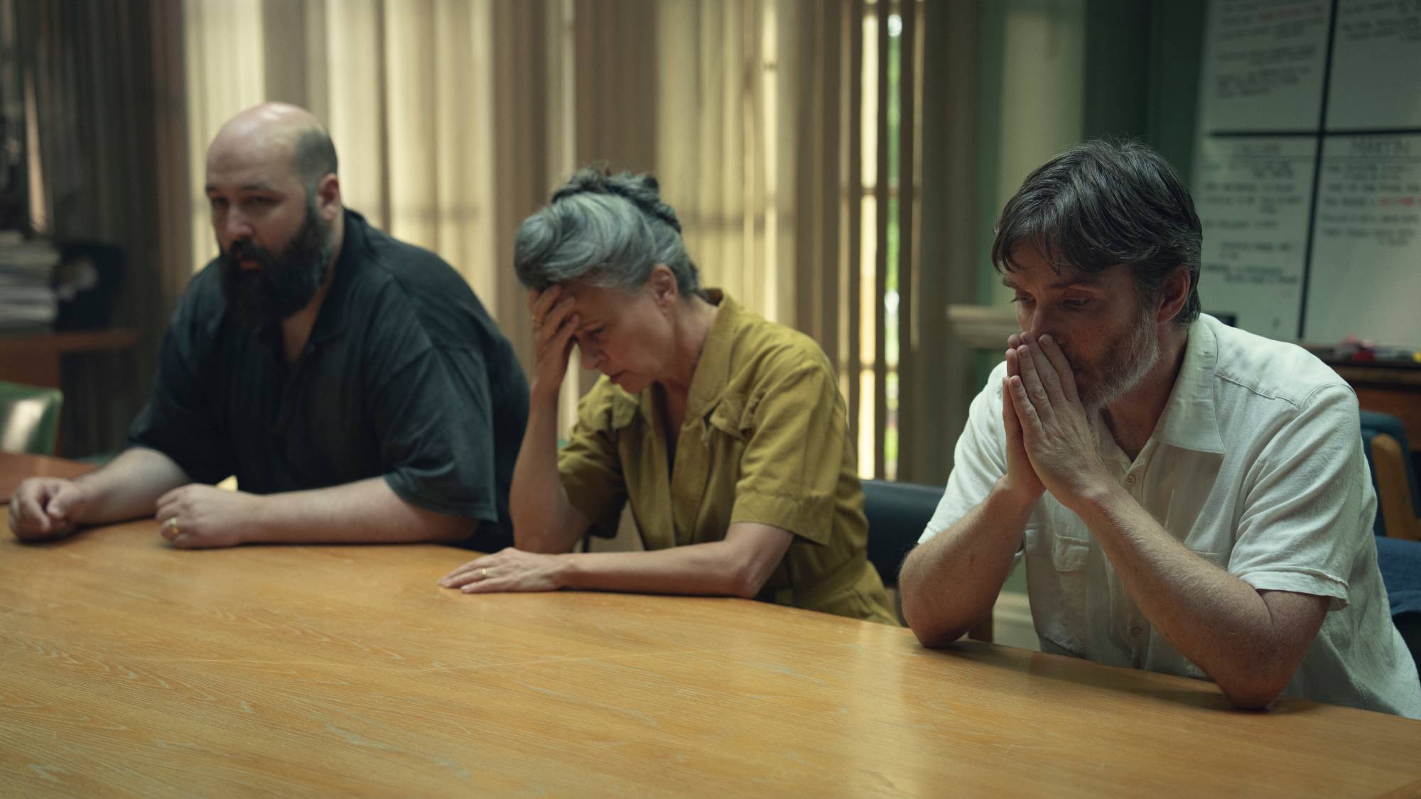 (L-R) Youssef Kerkour as Owen, Tracey Ullman as Amanda, Cillian Murphy as Steve in &quot;Steve&quot;