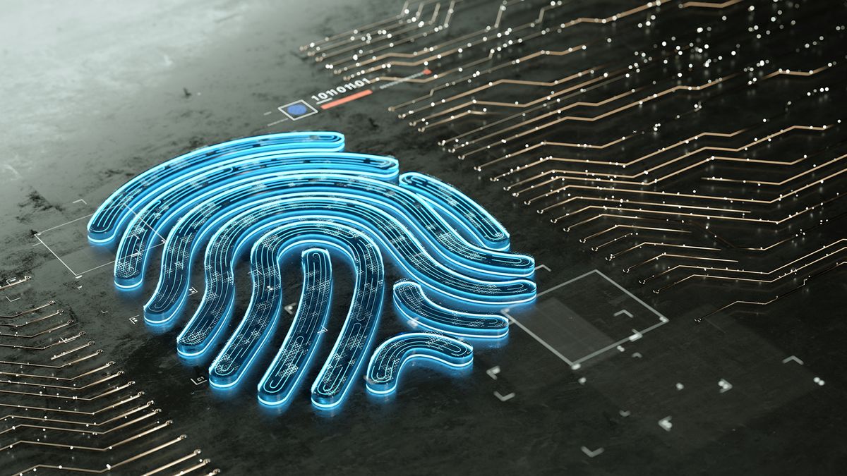 A digital visualization of a blue fingerprint across a circuit board