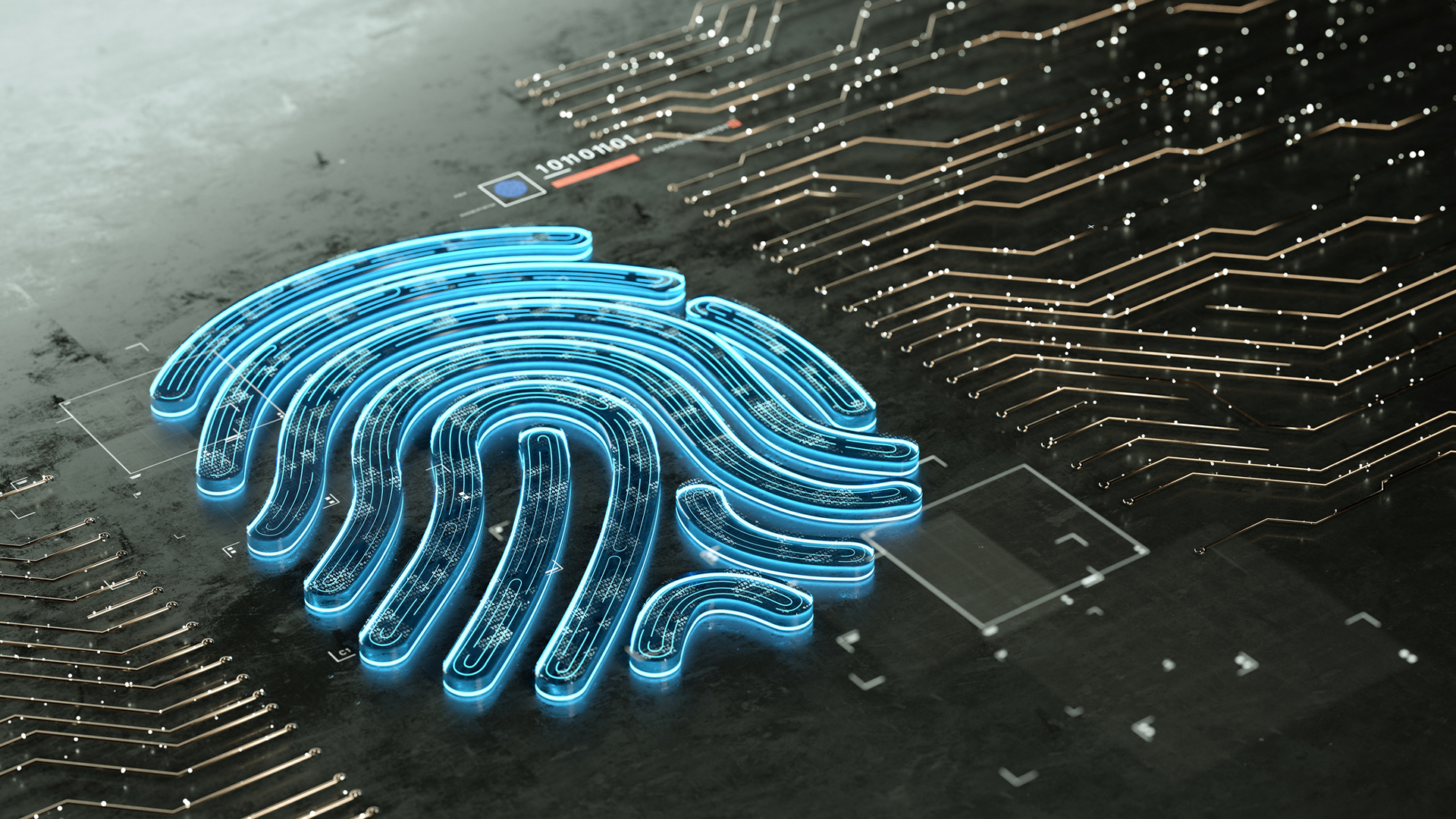 A digital visualization of a blue fingerprint across a circuit board