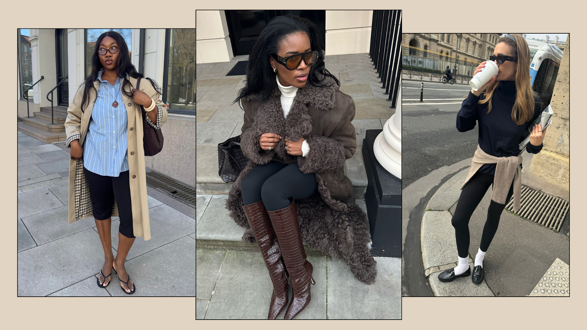 Three fashion people wear leggings outfits in 2025. 