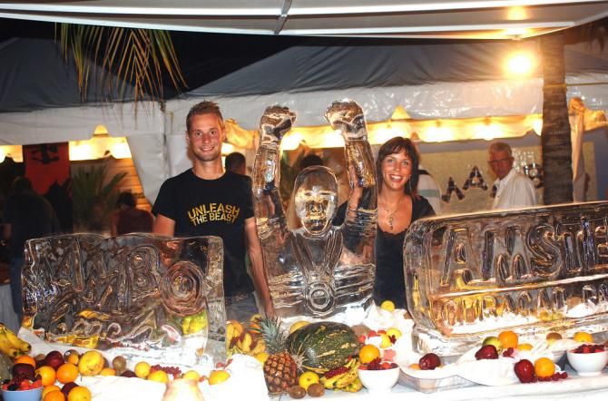 Tom Boonen and his girlfriend enjoying the fruit and ice statues on offer