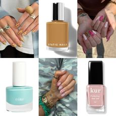 Six-image collage featuring animal-inspired nail designs, including spotted leopard-print manicures, colorful reptile-pattern nails, pastel dotted nail art, and three nail polish bottles