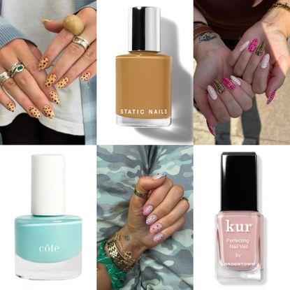 Six-image collage featuring animal-inspired nail designs, including spotted leopard-print manicures, colorful reptile-pattern nails, pastel dotted nail art, and three nail polish bottles