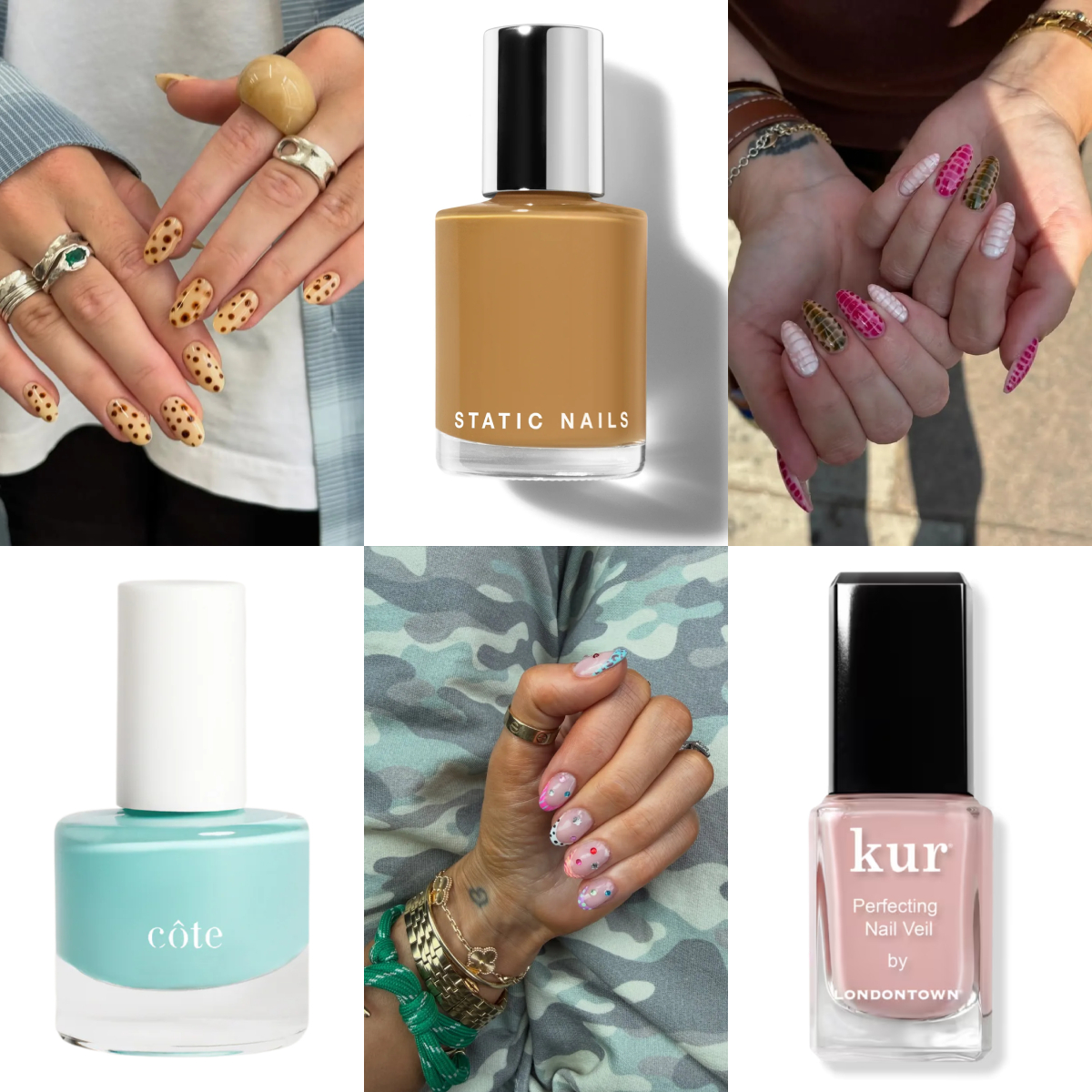 Six-image collage featuring animal-inspired nail designs, including spotted leopard-print manicures, colorful reptile-pattern nails, pastel dotted nail art, and three nail polish bottles