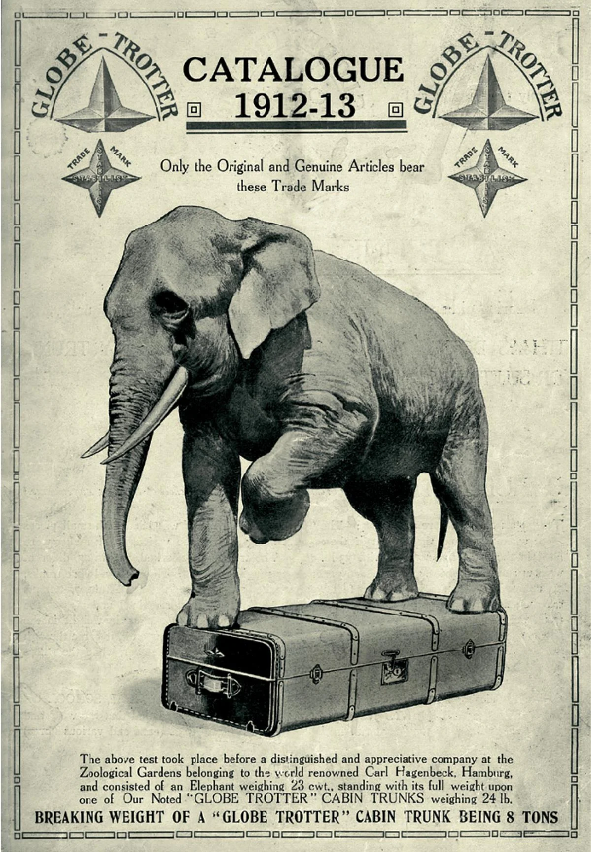 Vintage Globe-Trotter advert depicting an elephant standing on a suitcase