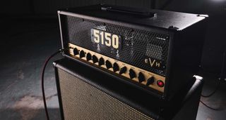 EVH 5150 Iconic Series 15-watt head: the black amp with gold control panel is photographed in close-up