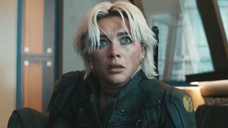 Florence Pugh as Yelena, looking worried in The Thunderbolts.
