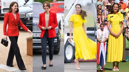 Four photos of Kate Middleton with two of her wearing a red blazer and black pants and two of her in a yellow dress