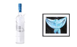 Left: Bow & Arrow co-founder Natasha Chetiyawardana’s adorned her bottle with origami. Right: artwork by painter Cathy Lomax showing a figure with a raised cape in blue and white