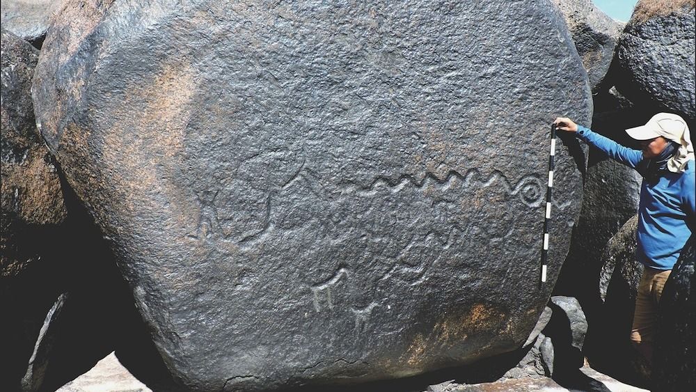 A person stands measures rock art depicting a snake. 