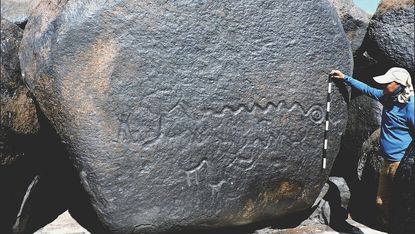 A person stands measures rock art depicting a snake.