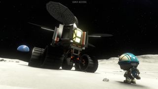 A moon buggy and alien on the moon's surface