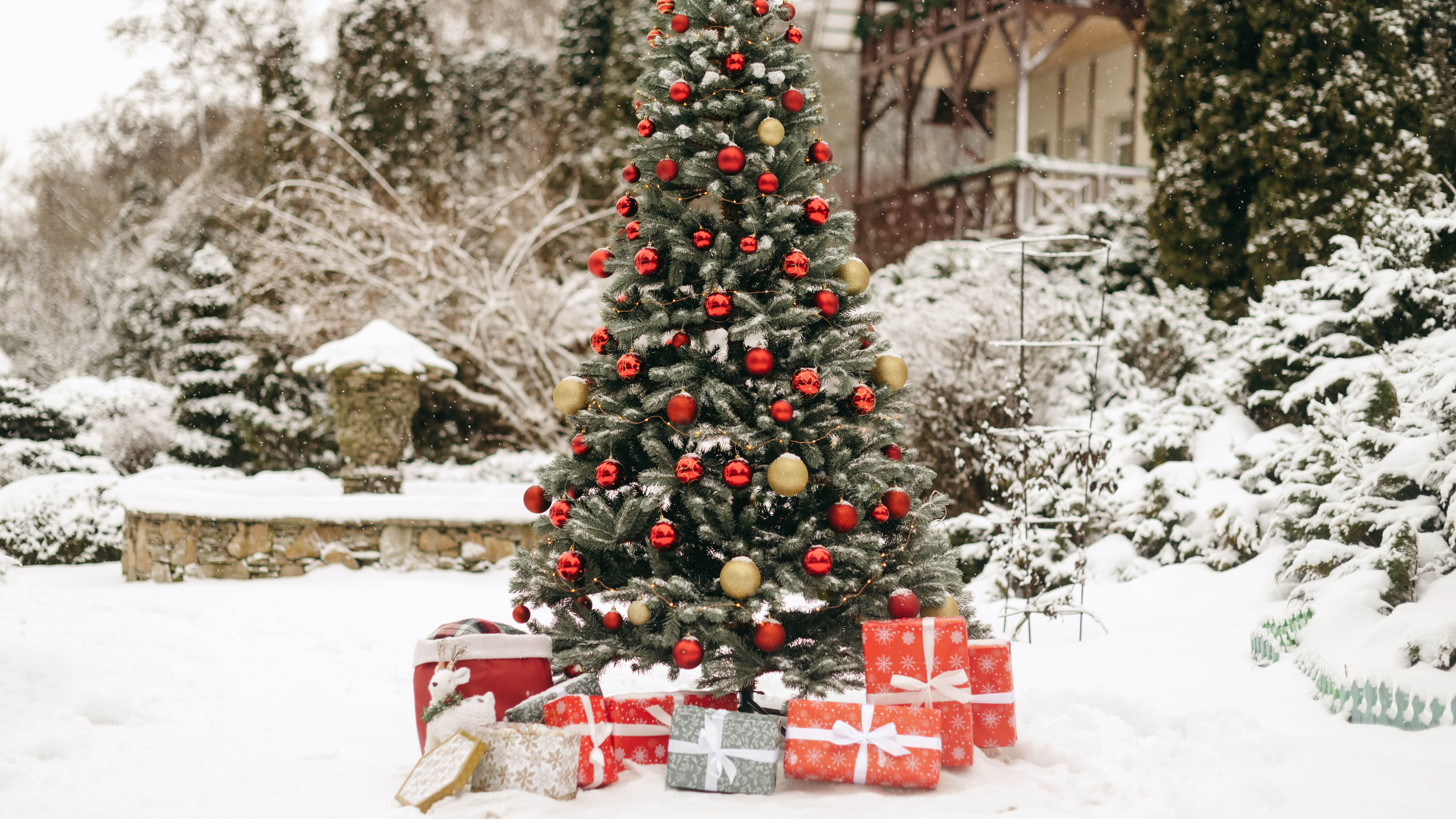 Украшенная рождественская елка на открытом воздухе с подарками под ней