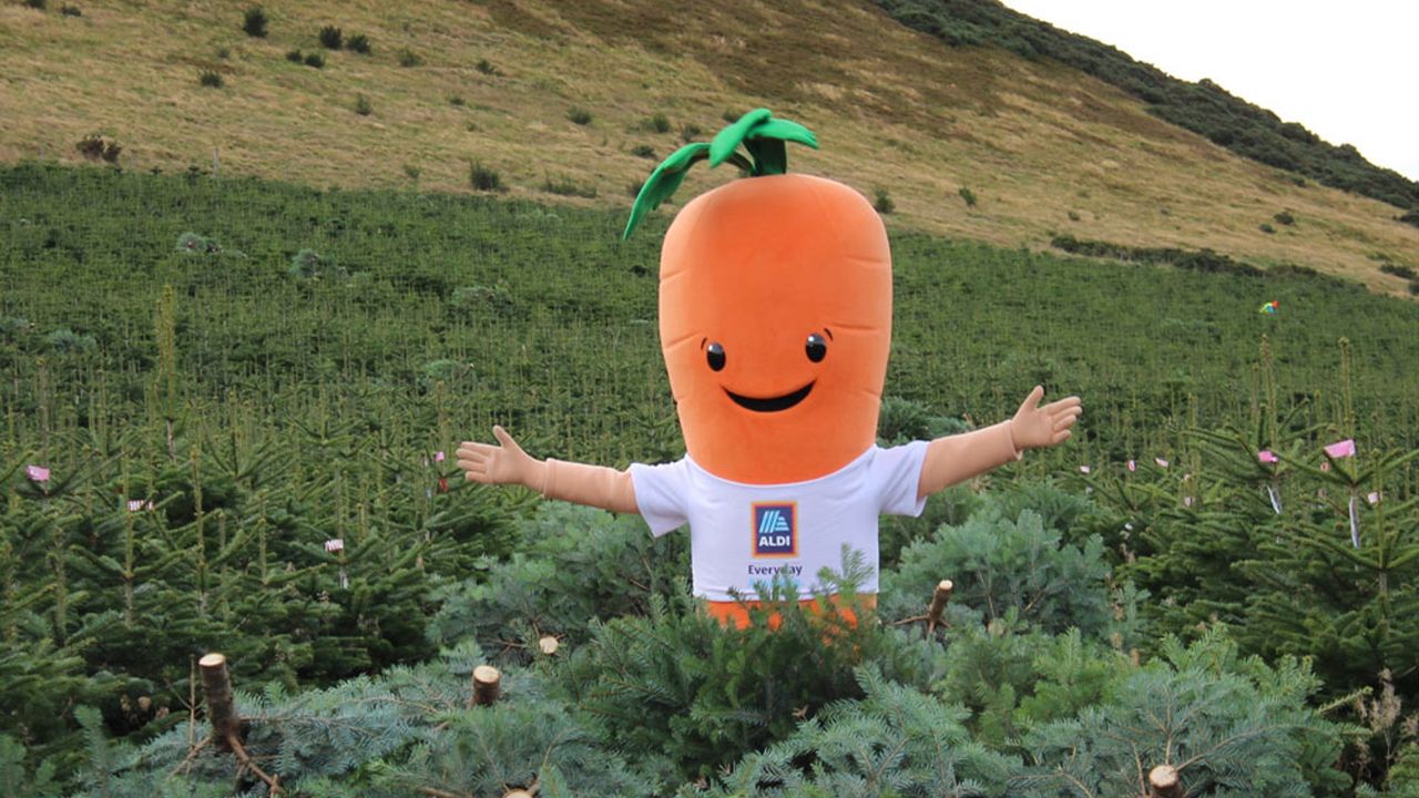 A carrot mascot wearing a white Aldi t-shirt stands with arms outstretched in a field full of Christmas trees. 