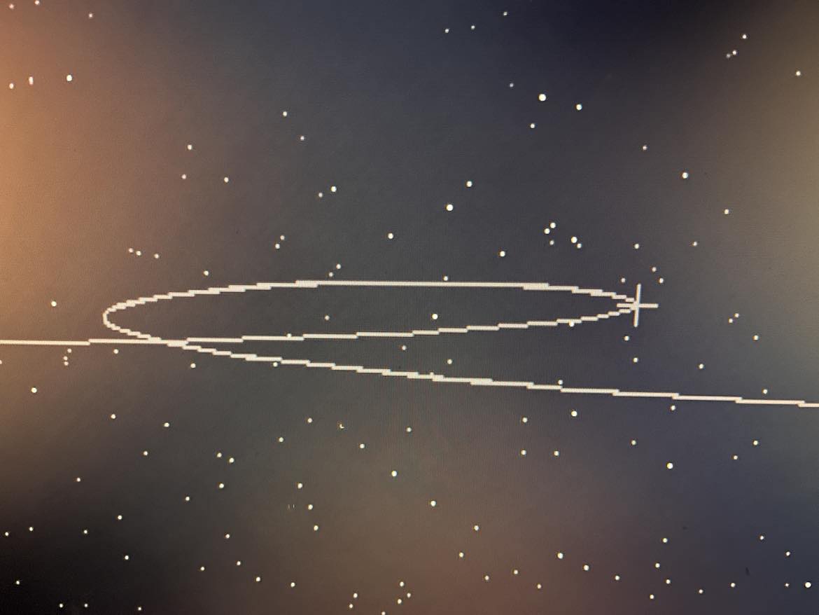 an illustrated line moving from left to right circles around itself before continuing in the direction it was originally going, against a background of stars