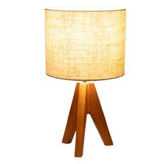 bedside lamp with wooden tripod base and linen shade